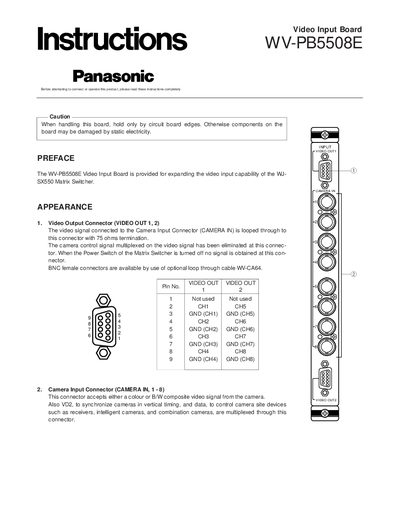 Panasonic WV-PB5508E Video Input Board Installation Guide - cover page