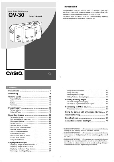 Casio QV-30 Liquid Crystal Digital Camera Owner's Manual - cover page