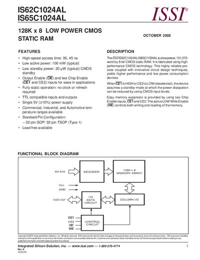 Integrated Silicon Solution IS62C1024AL / IS65C1024AL Static RAM Datasheet - cover page