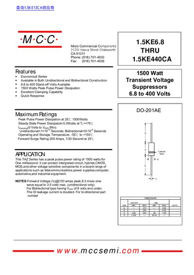 MCC 1.5KE6.8 THRU 1.5KE440CA handbook - cover page