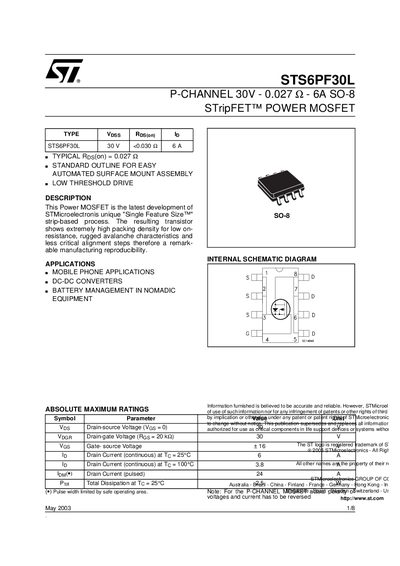STMicroelectronics STS6PF30L P-Channel Power MOSFET Datasheet - cover page