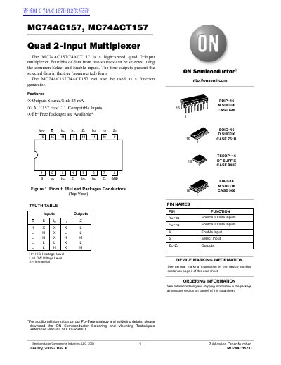 ON Semiconductor MC74AC157/MC74ACT157 Quad 2-Input Multiplexer Datasheet - cover page