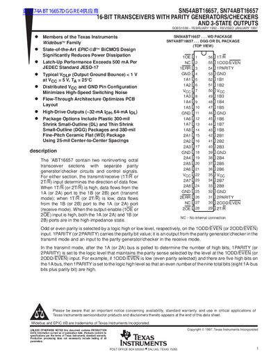 TEXAS INSTRUMENTS SN54ABT16657 SN74ABT16657 16-BIT TRANSCEIVERS WITH PARITY GENERATORS/CHECKERS AND 3-STATE OUTPUTS handbook - cover page
