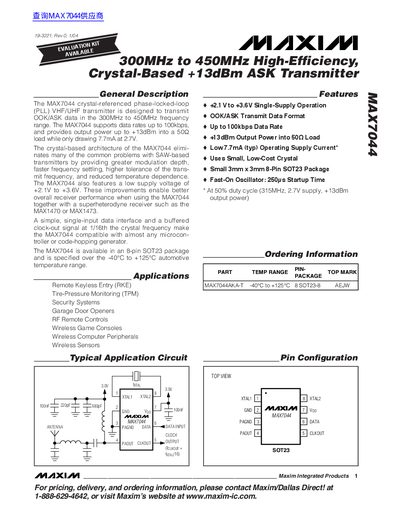 MAX7044 300MHz to 450MHz ASK Transmitter Datasheet - cover page