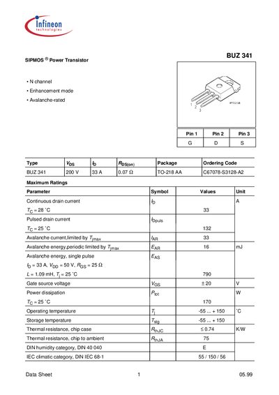 Infineon BUZ 341 Datasheet - cover page