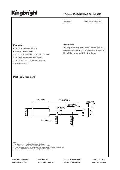 KINGBRIGHT WP383IDT 2.5x5mm RECTANGULAR SOLID LAMP  - cover page