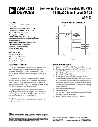 Analog Devices AD7457 12‑Bit ADC Datasheet