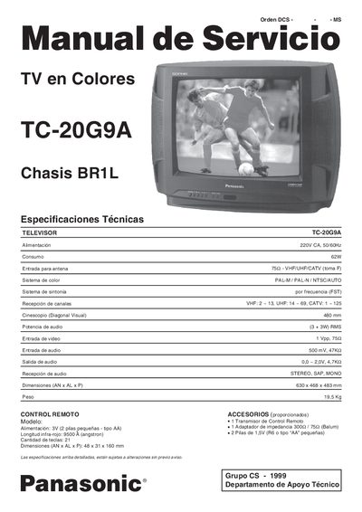 Panasonic TV en Colores TC-20G9A Chasis BR1L Manual - cover page