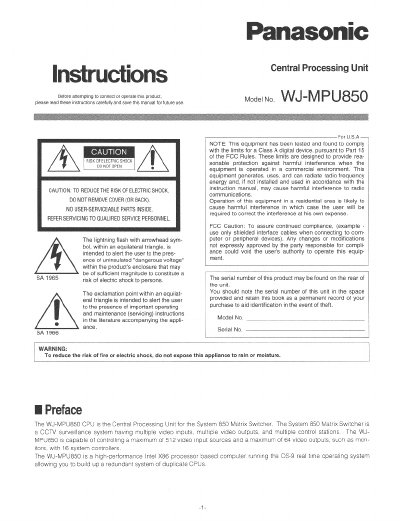 Panasonic WJ-MPU850 CPU Instructions - cover page