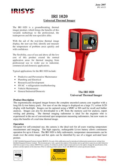IRISYS IRI 1020 Universal Thermal Imager User Manual - cover page