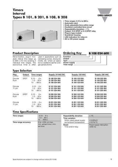 Carlo Gavazzi B101 B201 B108 B208 Interval Timers Product Data Sheet - cover page