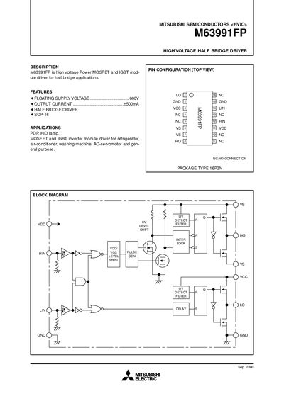 Mitsubishi M63991FP High Voltage Half Bridge Driver Datasheet - cover page