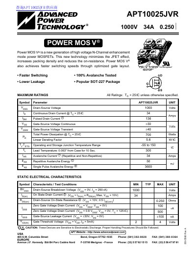 Advanced Power Technology APT10025JVR Power MOSFET Datasheet - cover page