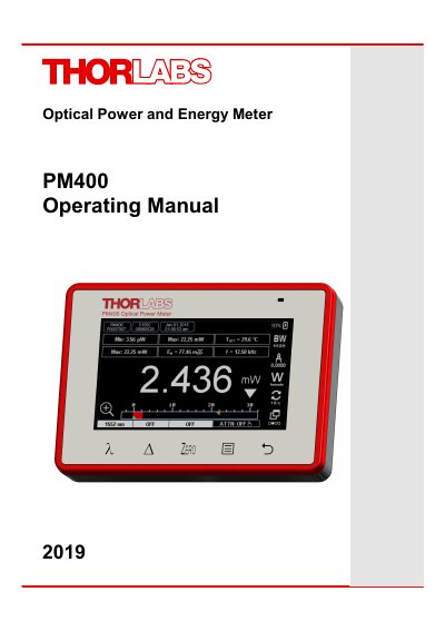 Thorlabs PM400 Optical Power and Energy Meter Operating Manual - cover page