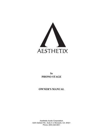 Aesthetix Audio Io Phono Stage Owner's Manual