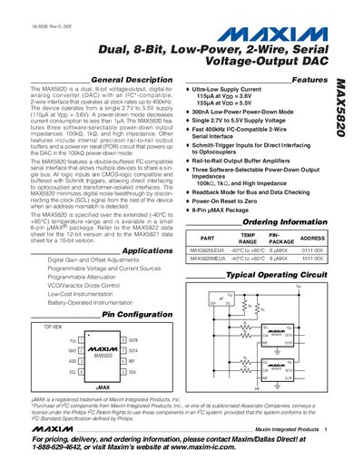 Maxim MAX5820 Dual 8‑Bit Low‑Power 2‑Wire Serial Voltage‑Output DAC Handbook - cover page