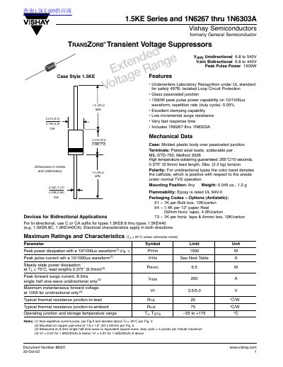 Vishay 1.5KE Series 1N6267‑1N6303A Datasheet - cover page