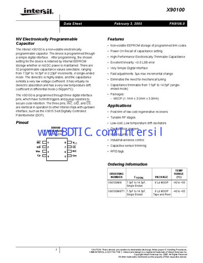 Intersil X90100 Electronically Programmable Capacitor Datasheet - cover page