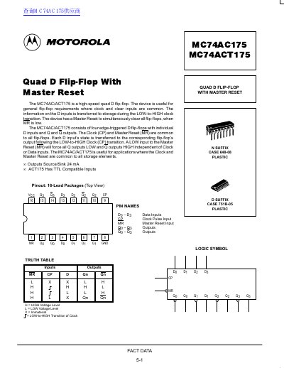 Motorola MC74AC175/MC74ACT175 Quad D Flip-Flop Datasheet - cover page