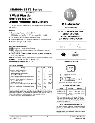 ON Semiconductor 1SMB5913BT3 Series Zener Diode Datasheet - cover page