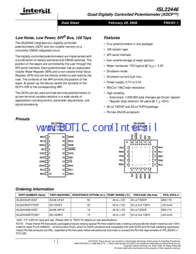 Intersil ISL22446 Quad Digitally Controlled Potentiometer Datasheet - cover page
