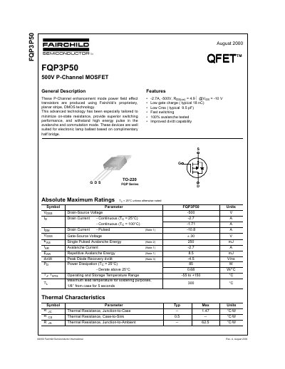 Fairchild FQP3P50 P-Channel MOSFET Datasheet - cover page