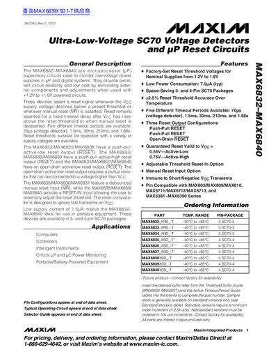 Maxim MAX6832‑MAX6840 Ultra‑Low‑Voltage SC70 Voltage Detectors and uP Reset Circuits Datasheet - cover page