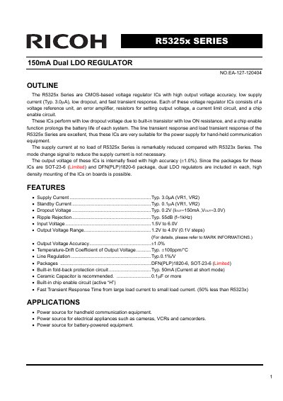 Ricoh R5325x Series Dual LDO Regulator Datasheet - cover page