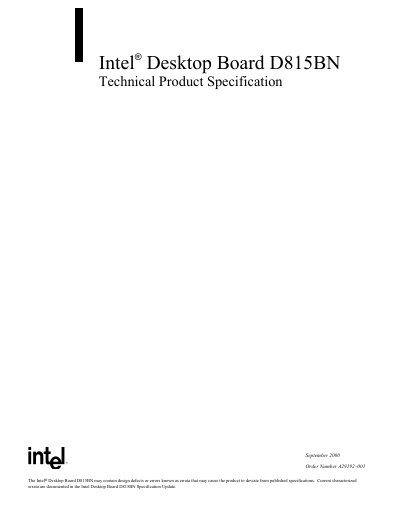 Intel D815BN Desktop Board Technical Product Specification - cover page