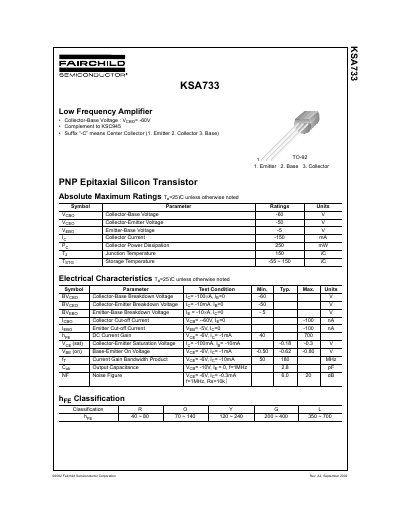 Fairchild Semiconductor KSA733 PNP Epitaxial Silicon Transistor Datasheet - cover page