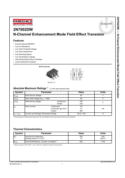 Fairchild 2N7002DW N-Channel Enhancement Mode FET Datasheet - cover page