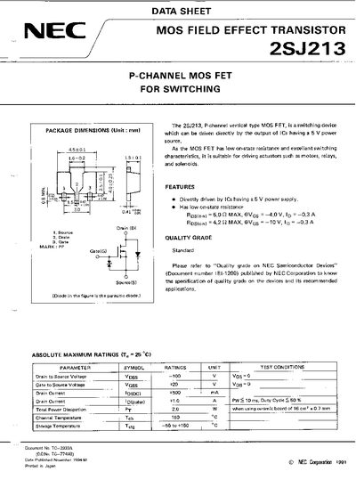 NEC 2SJ213 P-Channel MOS FET Datasheet - cover page