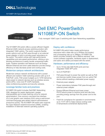 Dell PowerSwitch N1108EP-ON Specification Sheet - cover page