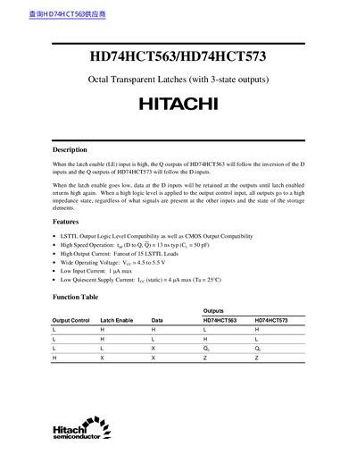 HITACHI HD74HCT563/HD74HCT573 Octal Transparent Latches (with 3-state outputs) handbook - cover page