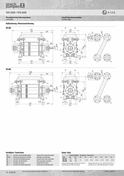 Speck VH 500 / VH 600 Liquid Ring Vacuum Pumps Data Sheet - cover page