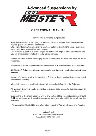MeisterR Coilovers Installation Manual - cover page