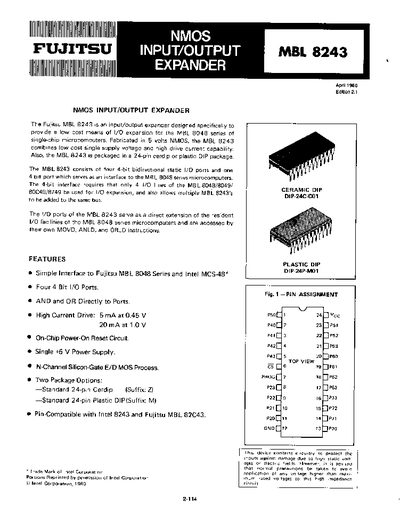 Fujitsu MBL 8243 NMOS I/O Expander Datasheet - cover page