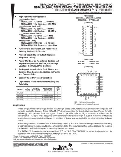 TEXAS ISNTRUMENTS TIBPAL20L8-7C TIBPAL20R4-7C TIBPAL20R6-7C TIBPAL20R8-7C TIBPAL20L8-10M TIBPAL20R4-10M TIBPAL20R6-10M TIBPAL20R8-10M handbook - cover page