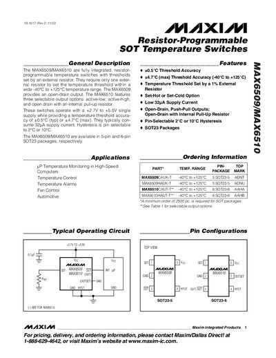 Maxim MAX6509/MAX6510 Resistor-Programmable SOT Temperature Switches Service Manual - cover page