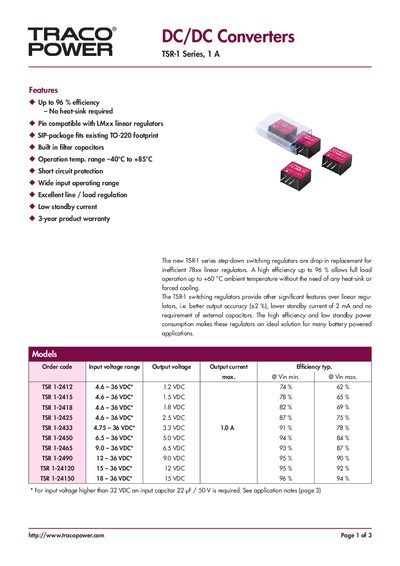 TracoPower TSR-1 Series 1A Datasheet - cover page