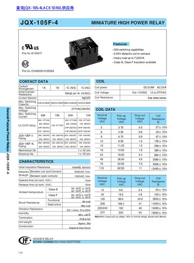 HONGFA JQX-105F-4 Miniature High Power Relay Datasheet - cover page