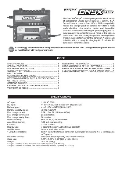 DuraTrax Onyx 210 Peak Charger User Manual - cover page