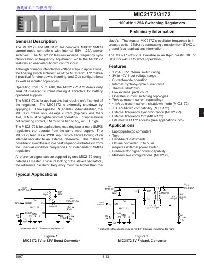 Micrel MIC2172/3172 100kHz 1.25A Switching Regulators Datasheet