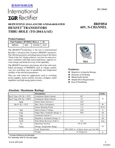 International Rectifier IRF054 MOSFET Datasheet - cover page