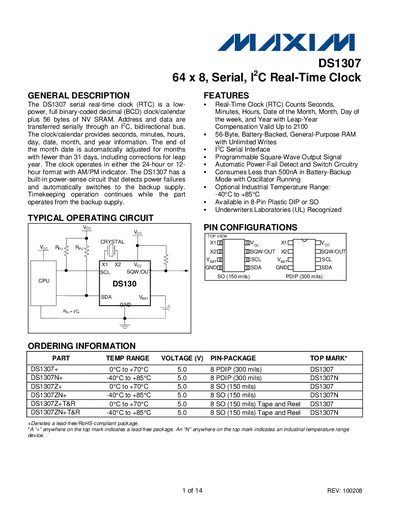 Maxim DS1307 Serial I2C Real-Time Clock Datasheet - cover page