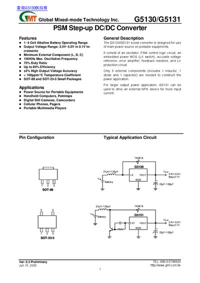Global Mixed-mode Technology G5130/G5131 Step-up DC/DC Converter Datasheet - cover page