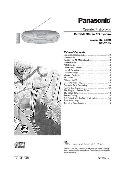 Panasonic RX-ES29/ES23 Portable Stereo CD System Operating Instructions - cover page