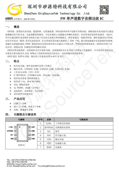 ChipSourceTek 6805 5W Mono Digital Audio Power Amplifier IC Datasheet