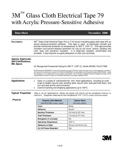 3M Glass Cloth Electrical Tape 79 Datasheet - cover page