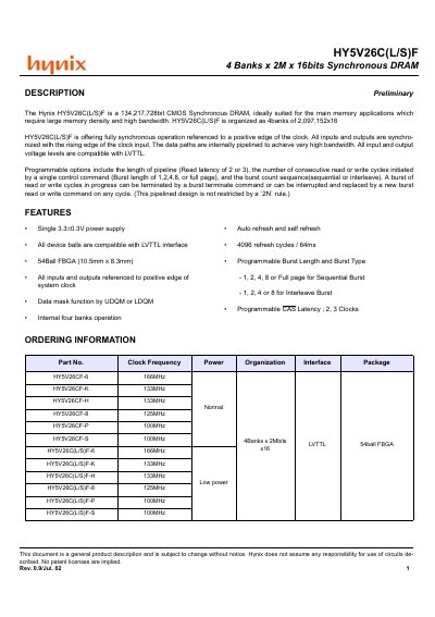 Hynix HY5V26C(L/S)F Synchronous DRAM Datasheet - cover page